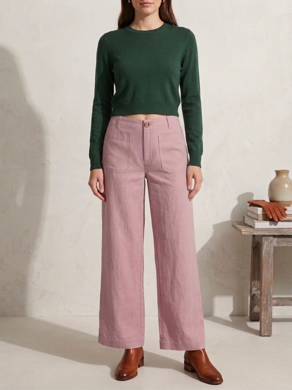 Maeve Anthropologie Colette High Rise Wide Leg Crop Linen Pants Rose Pink Sz 28